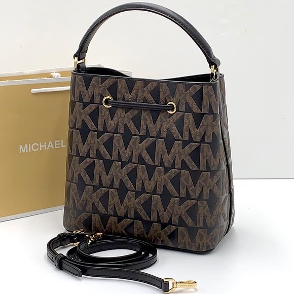 MICHAEL KORS SURI MEDIUM BUCKET MESSENGER BAG BROWN/BLACK SIGNATURE - Picture 4 of 16